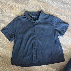 Abercrombie & Fitch Ribbed Short Sleeve Button Up Cropped Shirt XL Black